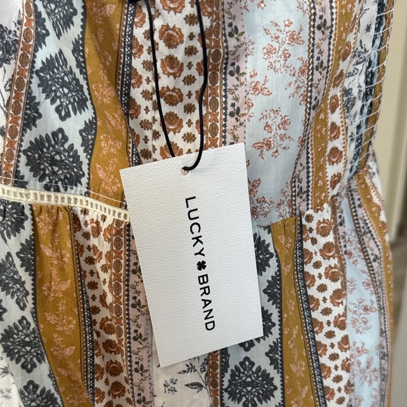 Lucky Brand Cream, Tan & Blue Tiered Midi Dress with Straps - Picture 2 of 7